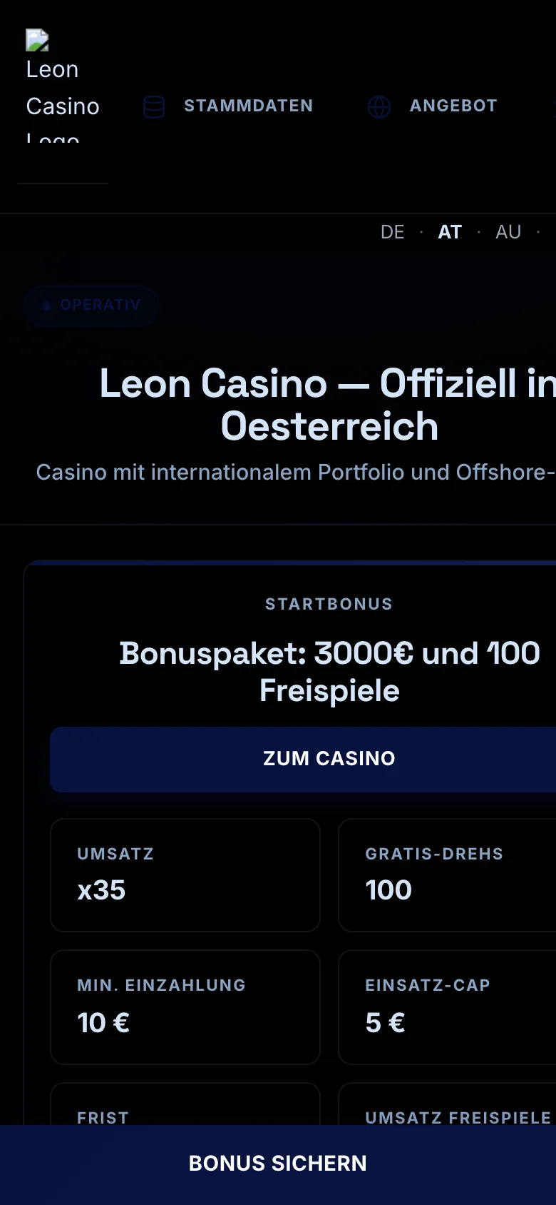 Leon Casino mobile lobby screenshot