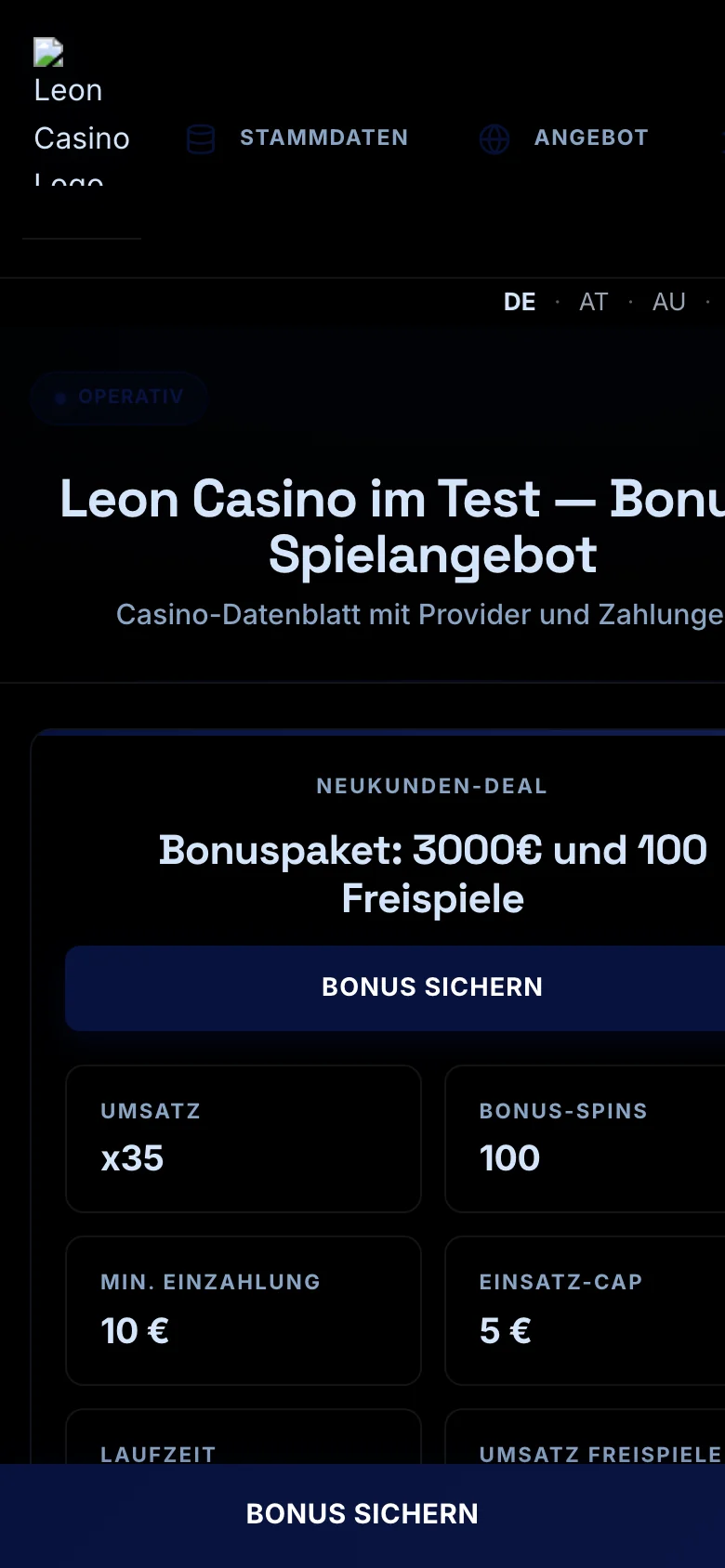Leon Casino mobile lobby screenshot