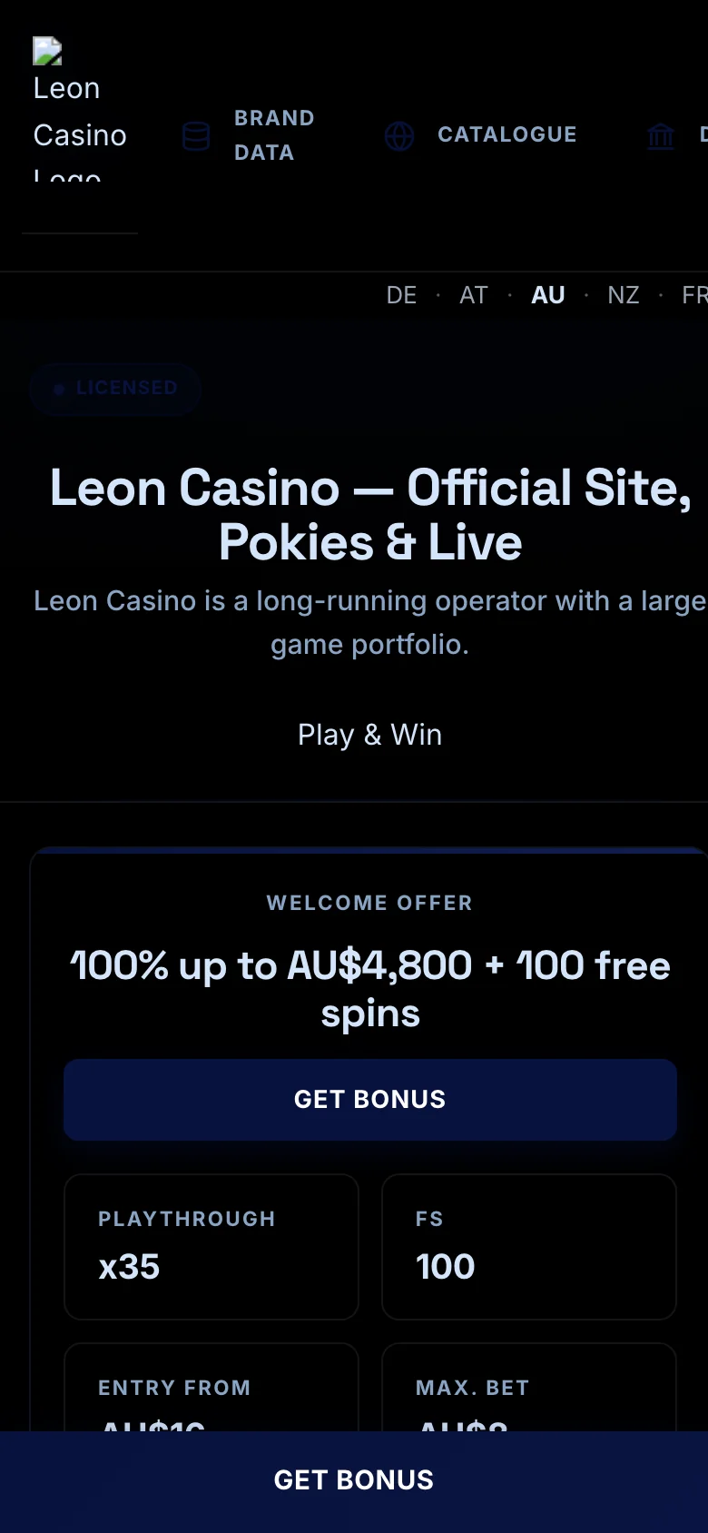 Leon Casino mobile lobby screenshot