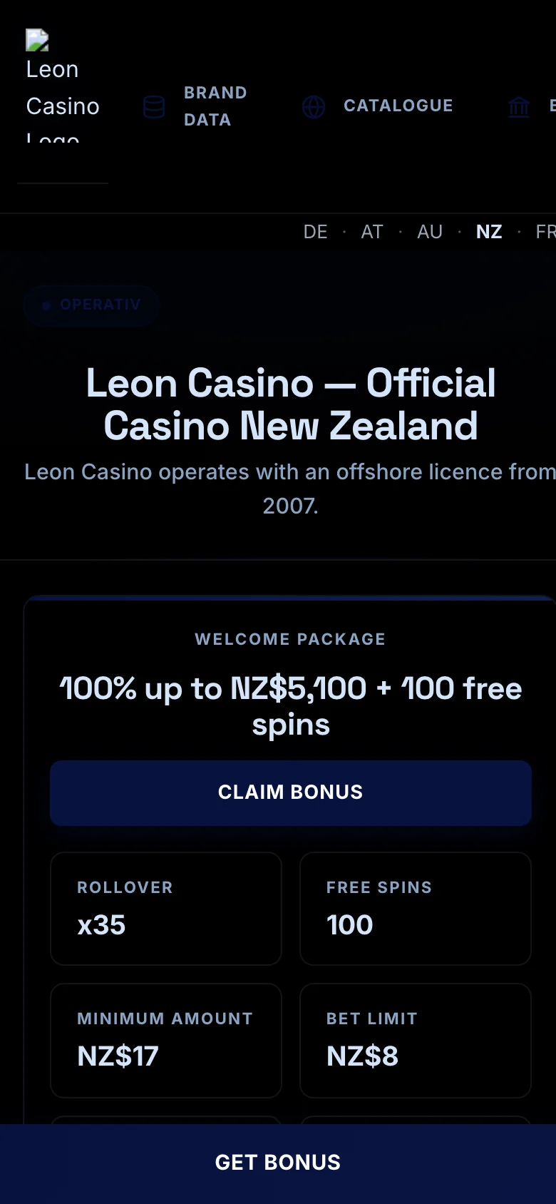Leon Casino mobile lobby screenshot